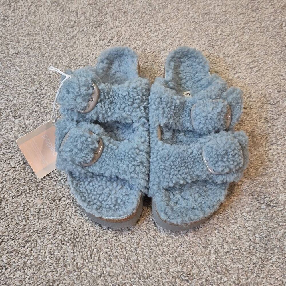 Birkenstock Papillio Arizona Shearling Teddy Faded Aqua Size 7 Narrow - Picture 3 of 5